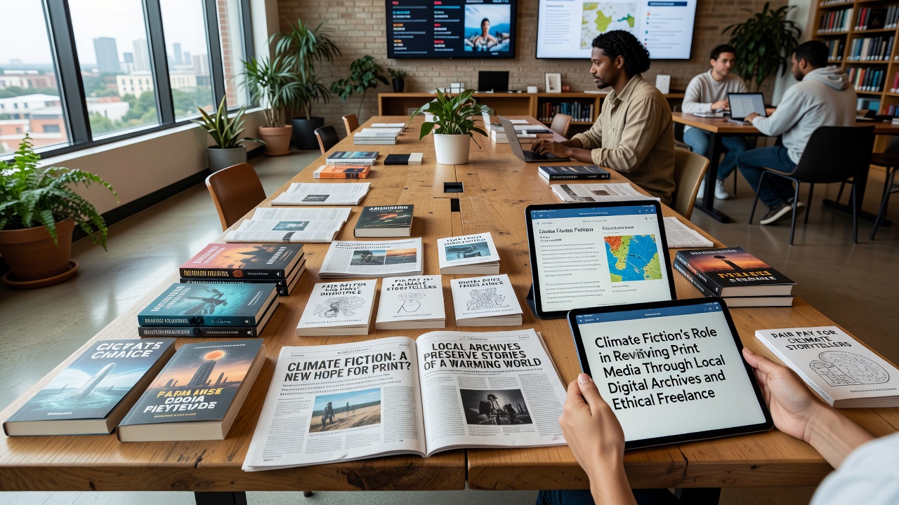 Freelance writer reviewing ethical guidelines while preparing climate fiction content for print publication