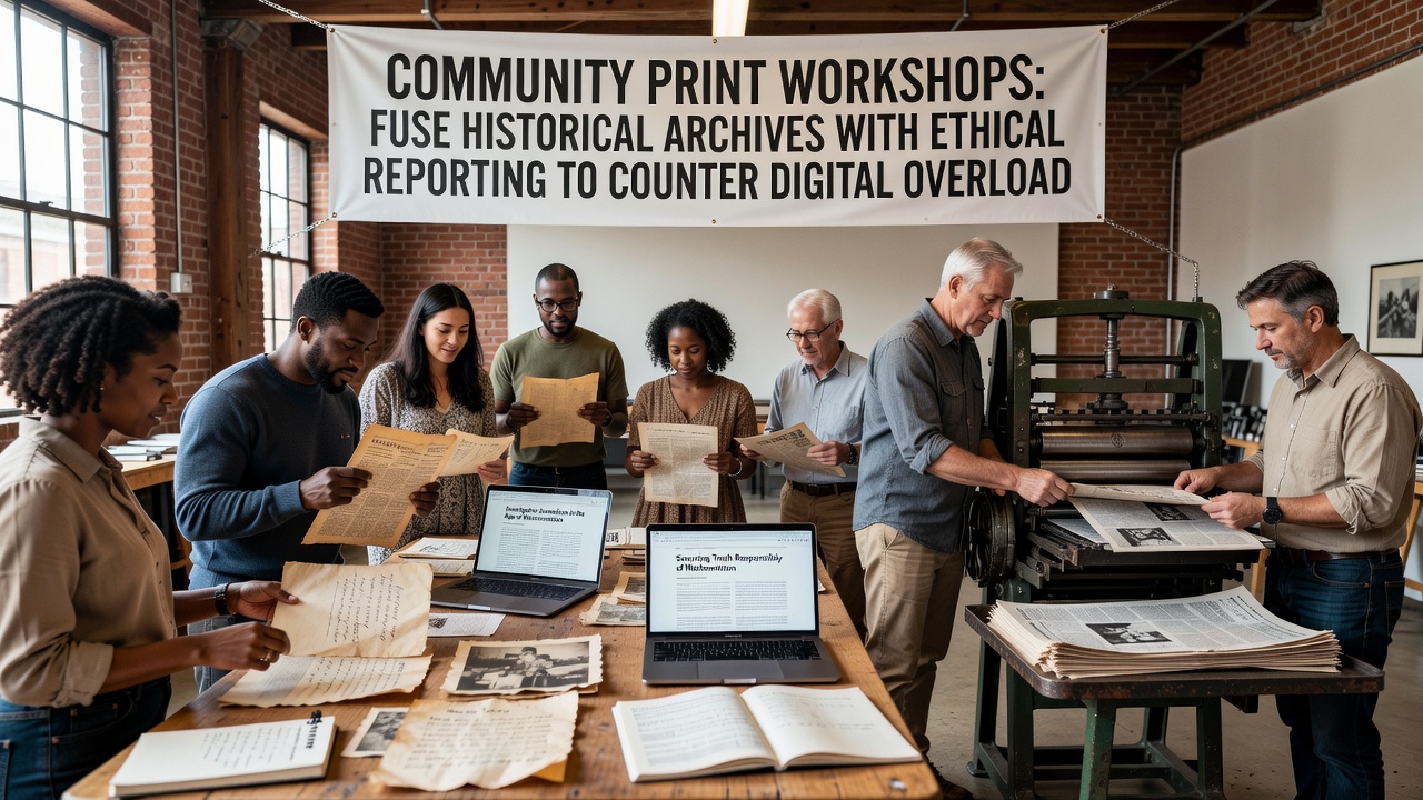Printed materials from workshops displayed alongside digital archive interfaces during a community session