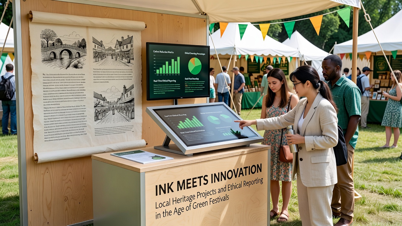 Festival attendees engaging with printed heritage materials at an eco-friendly outdoor venue with visible recycling stations
