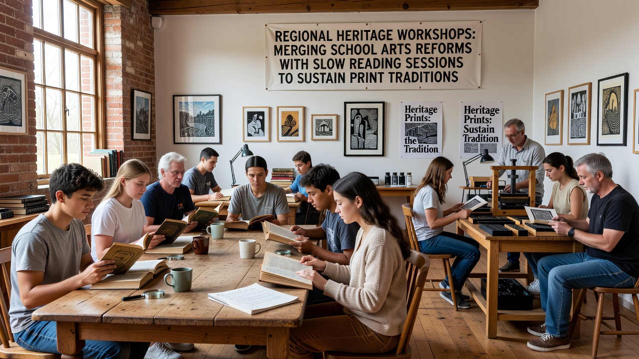 Festival setting where heritage workshop outputs including printed materials are displayed alongside sustainable event infrastructure